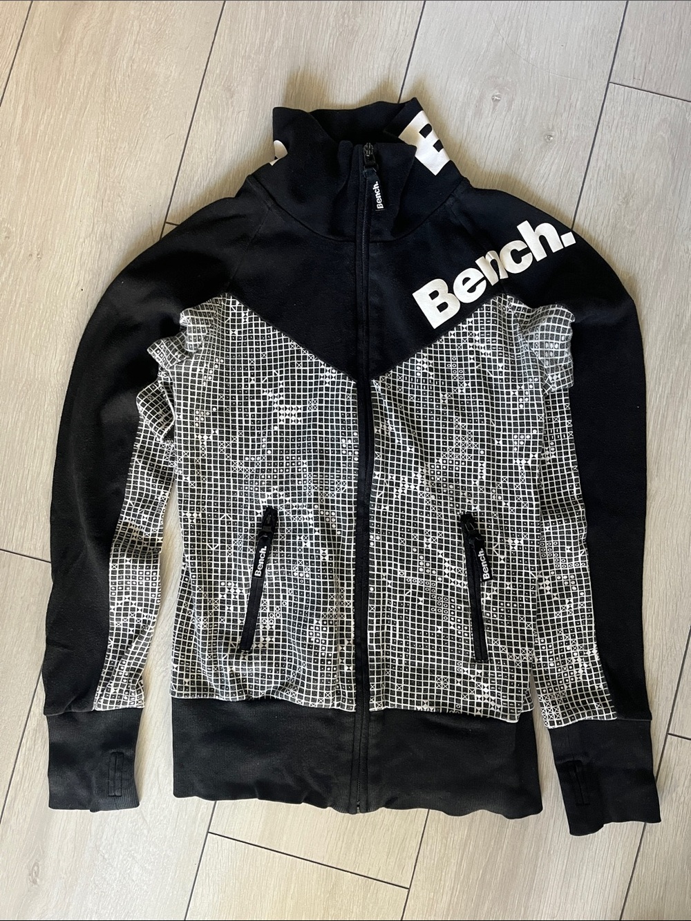 Bench Black and White Geometric Zip Sweater